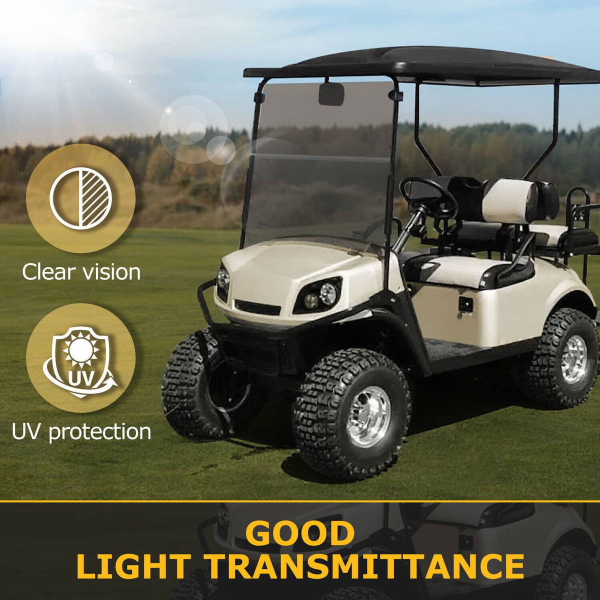 Tinted windshield windscreen installed on a golf cart, bronze frame with clear dark view