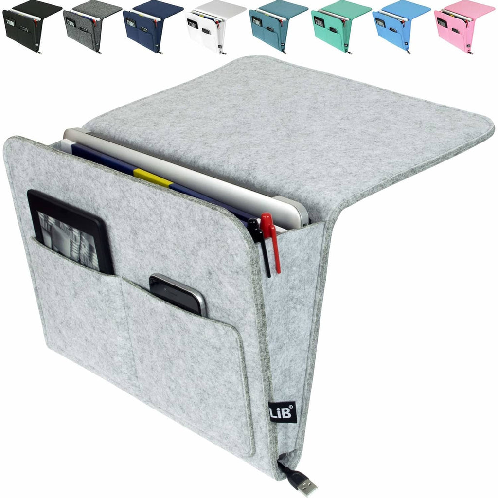Light gray felt bedside storage caddy with front pocket and open laptop holder