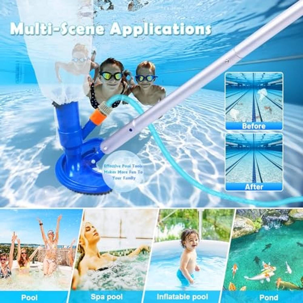 Pool vacuum cleaner with blue suction head and telescopic pole in clear water