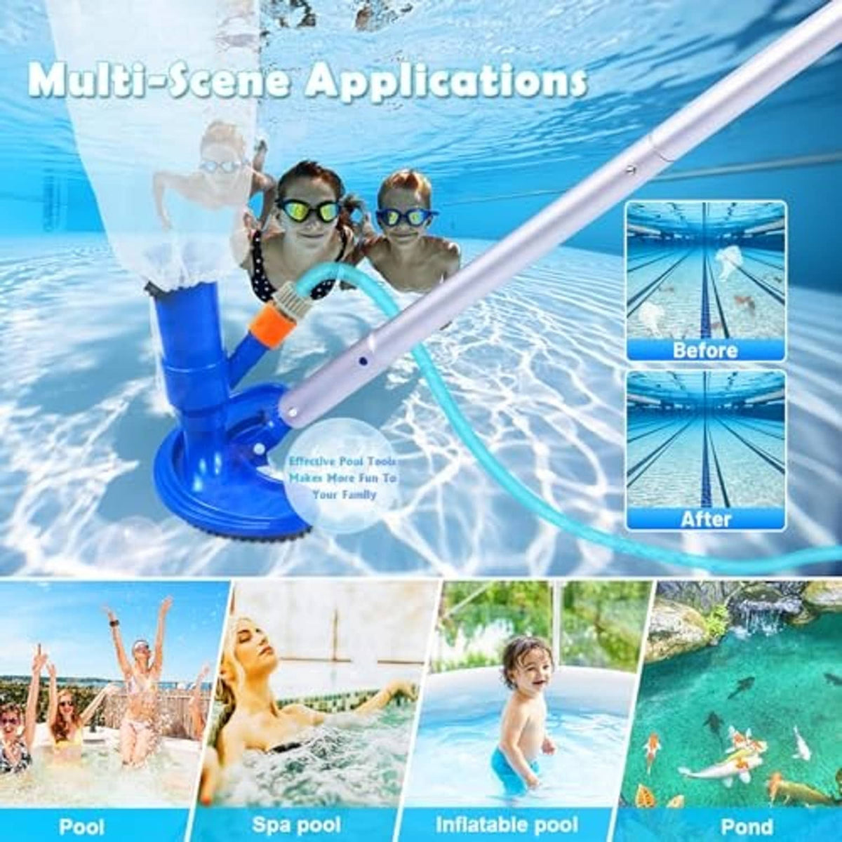 Pool vacuum cleaner with blue suction head and telescopic pole in clear water