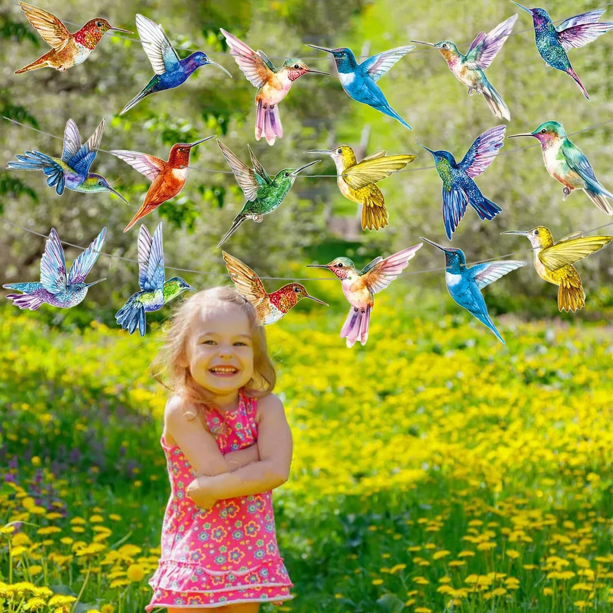 Colorful hummingbird string banner with multicolor bird cutouts overhead in a flower garden