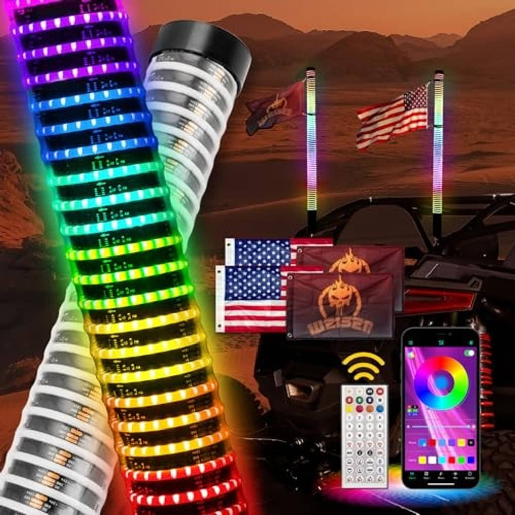 Pair of RGB spiral LED whip lights with long glowing strips and a wireless remote