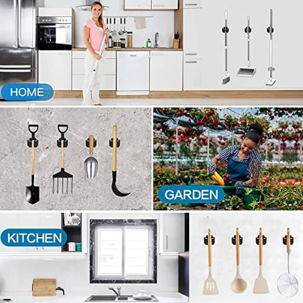 Set of black broom and mop holders for organizing kitchen and garden cleaning tools