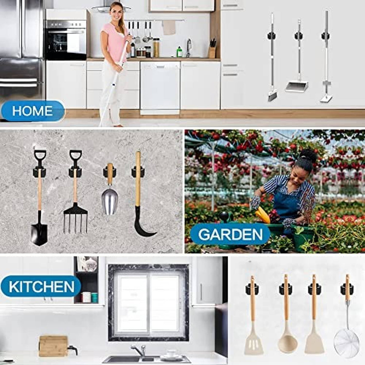 Set of black broom and mop holders for organizing kitchen and garden cleaning tools