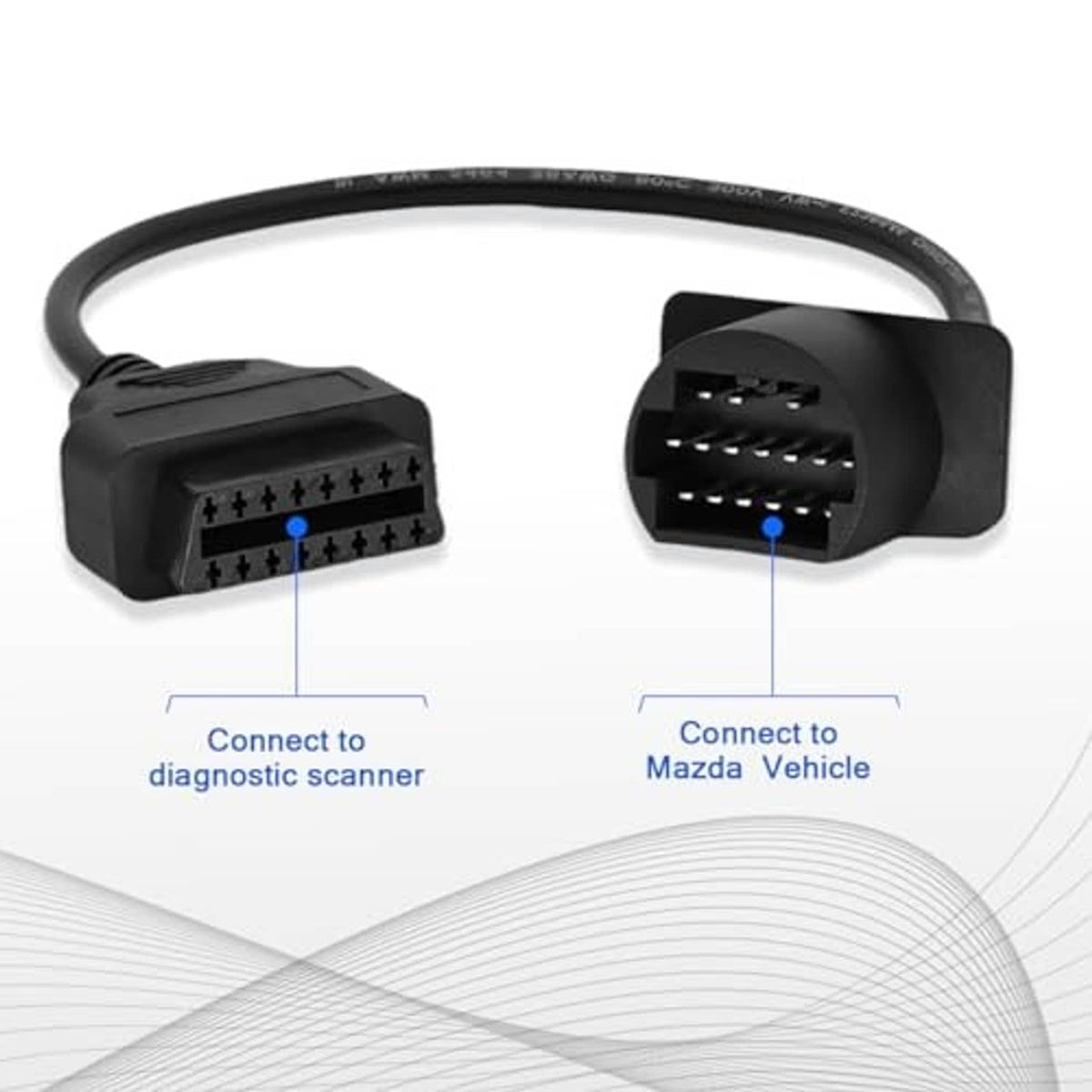 OBD adapter cable with black OBDII 16-pin and 17-pin Mazda connectors