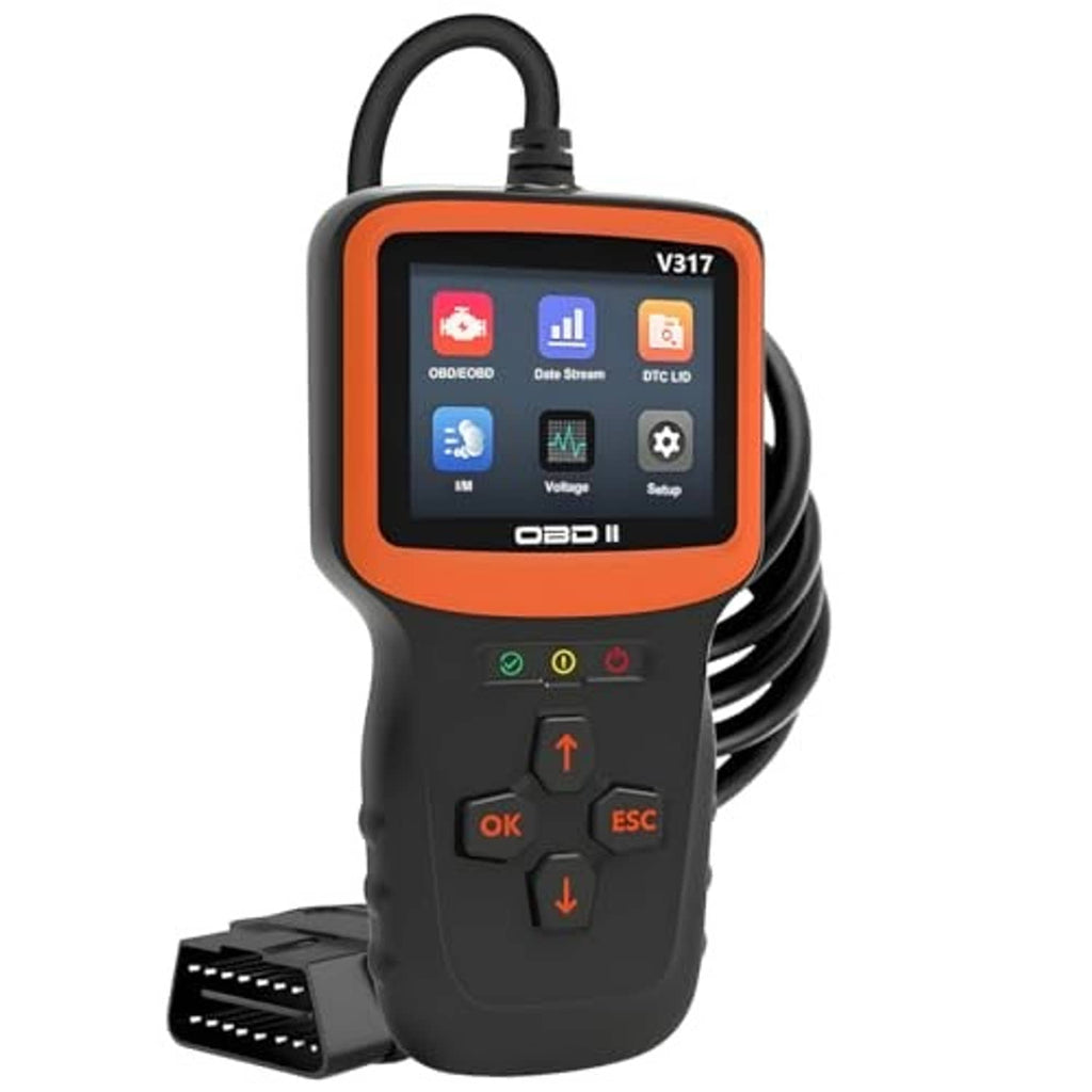 OBD2 code reader diagnostic scanner with orange bezel, black buttons, and cable port