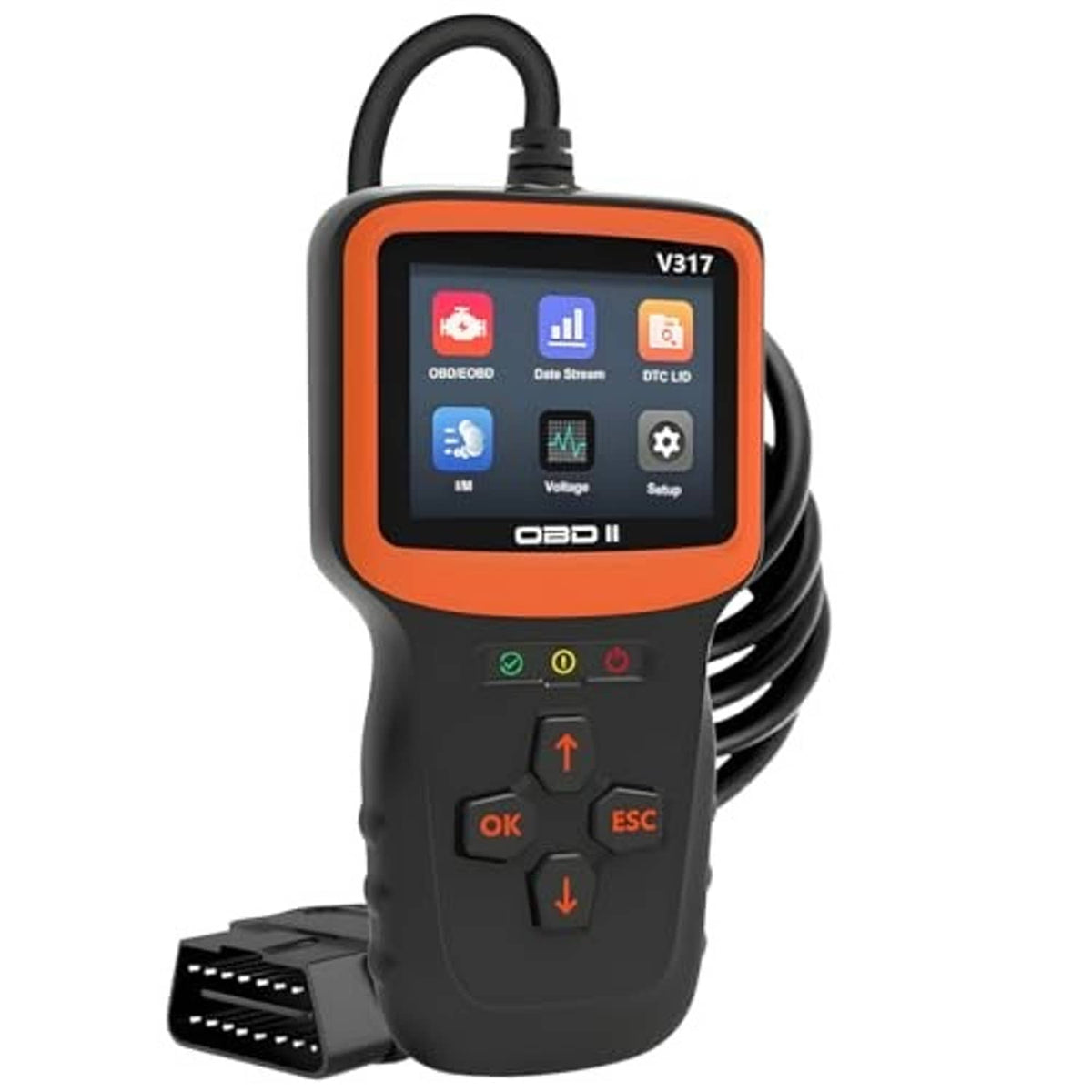 OBD2 code reader diagnostic scanner with orange bezel, black buttons, and cable port