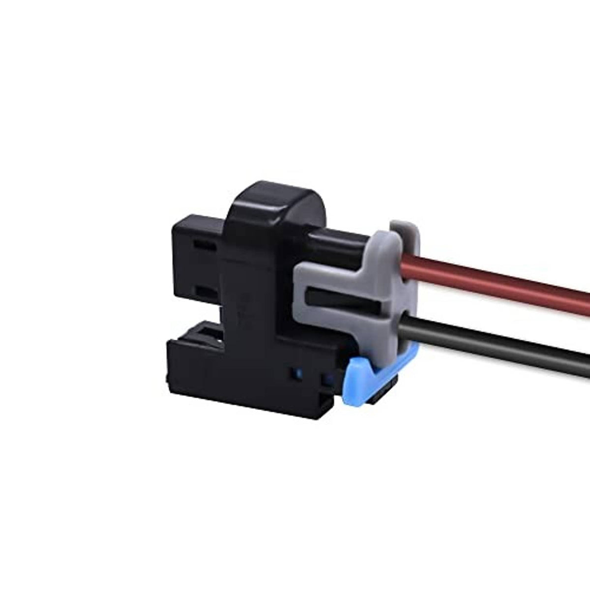 Fuel injector connector pigtail end with blue latch tab and red/black wires