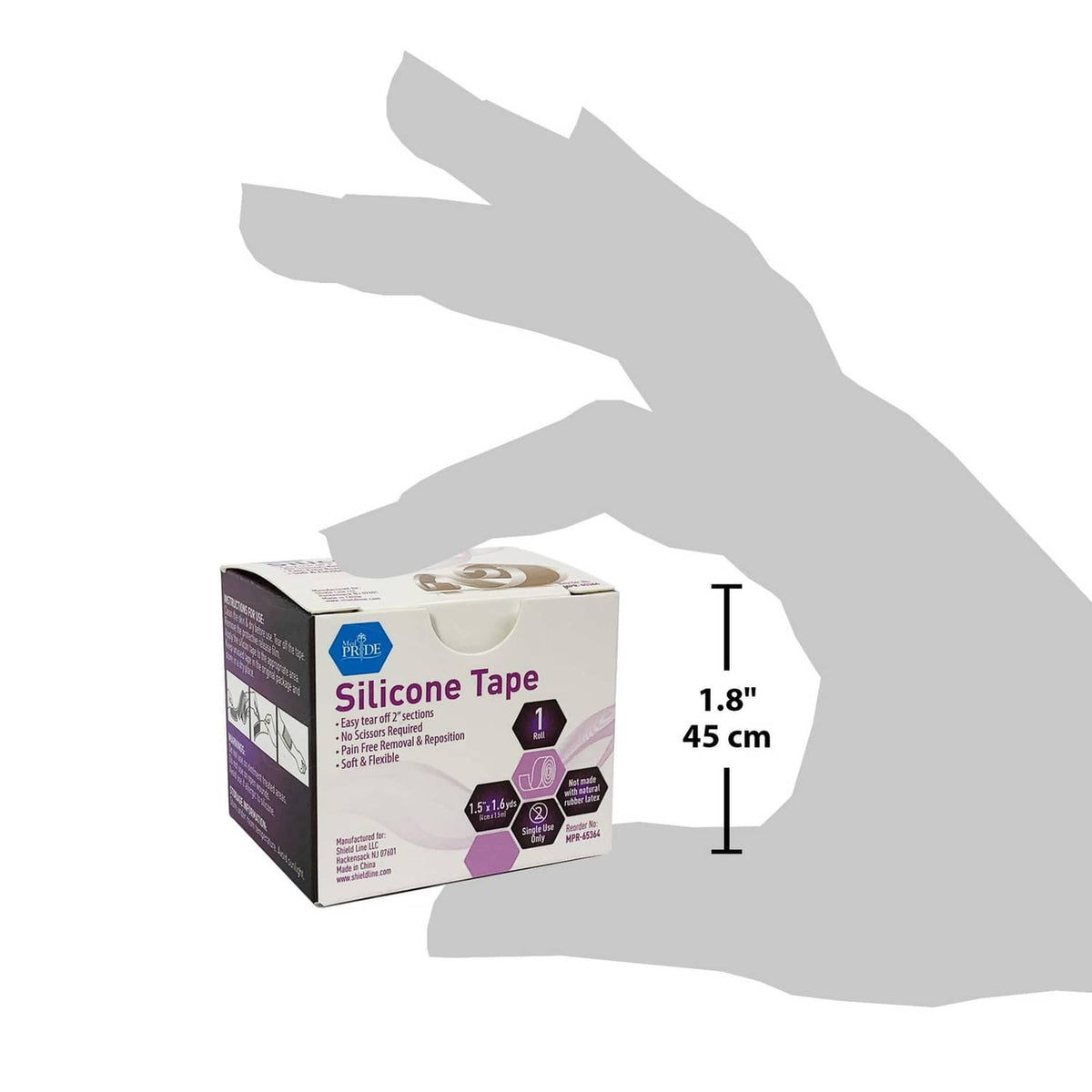 Product box for silicone wound tape with size markers showing 1.8 in by 45 cm