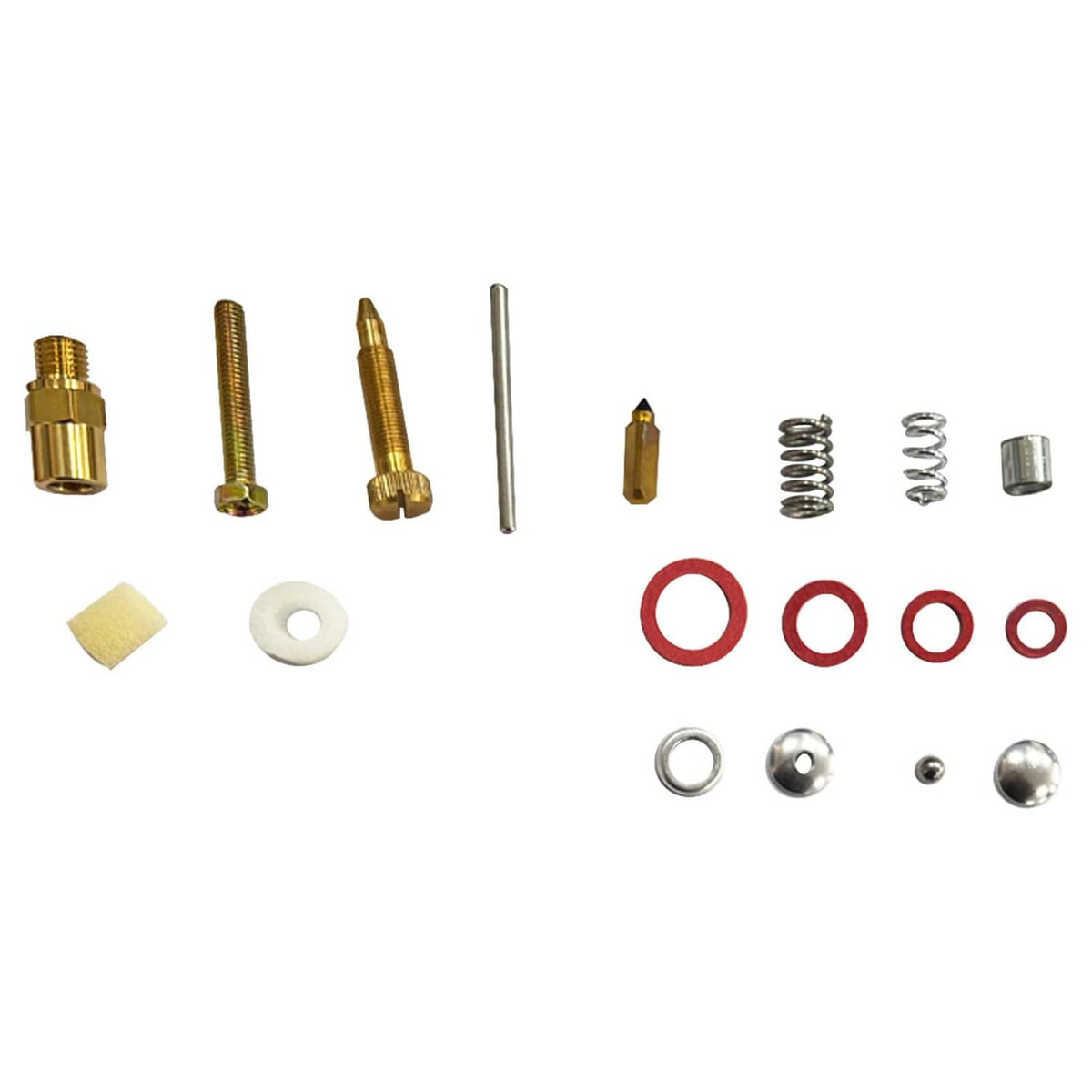 Carburetor rebuild kit parts: brass fittings, springs, red O-rings, metal caps, washers