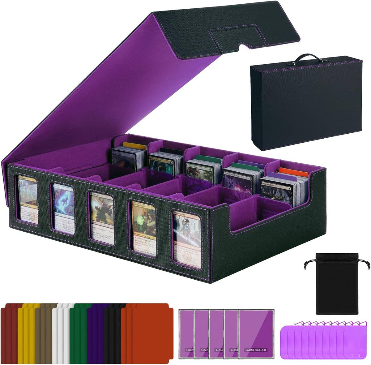 Purple and black 5-row trading card storage box with handle, open compartments, and card-window front