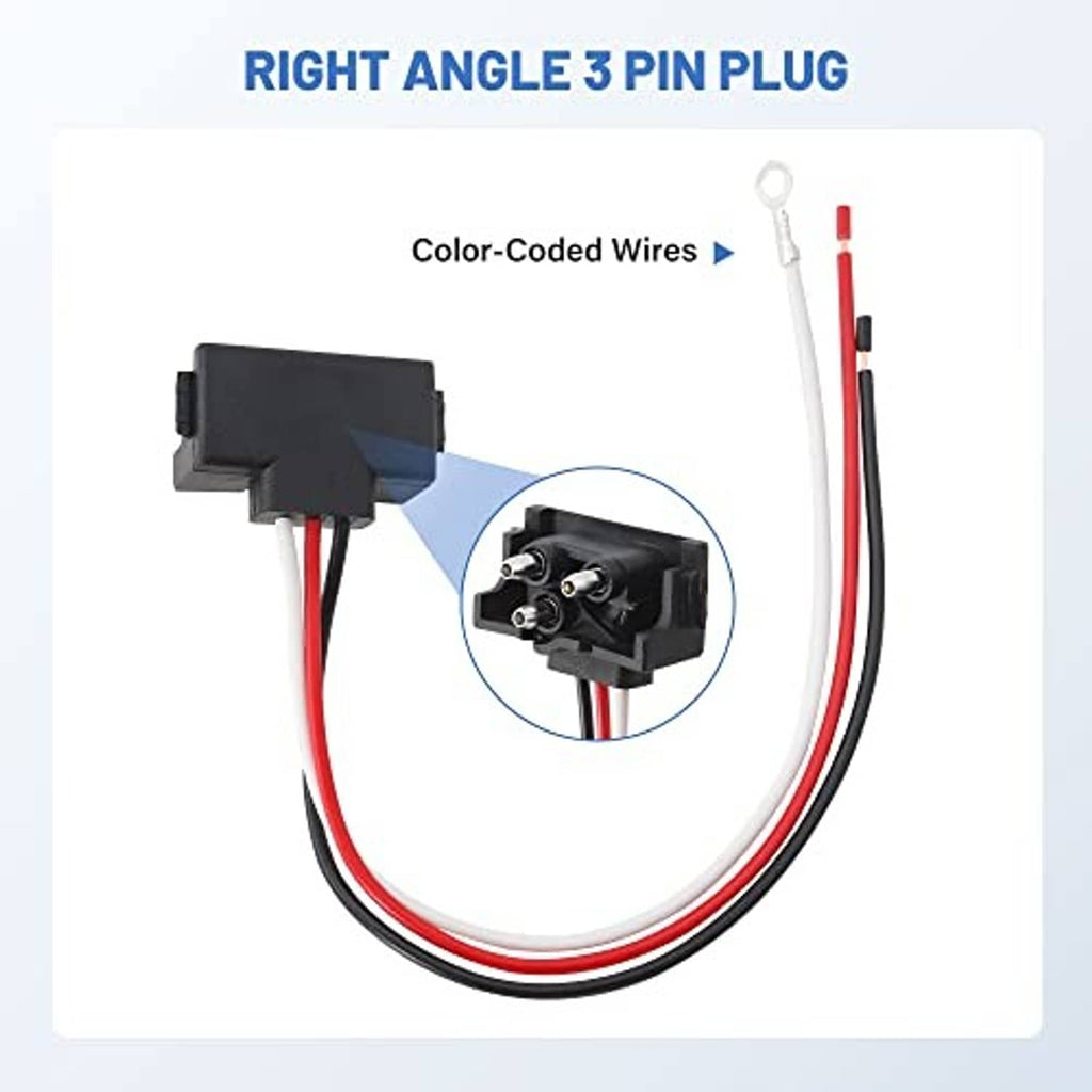 Right-angle 3-pin plug with color-coded wire leads: red, white, and black