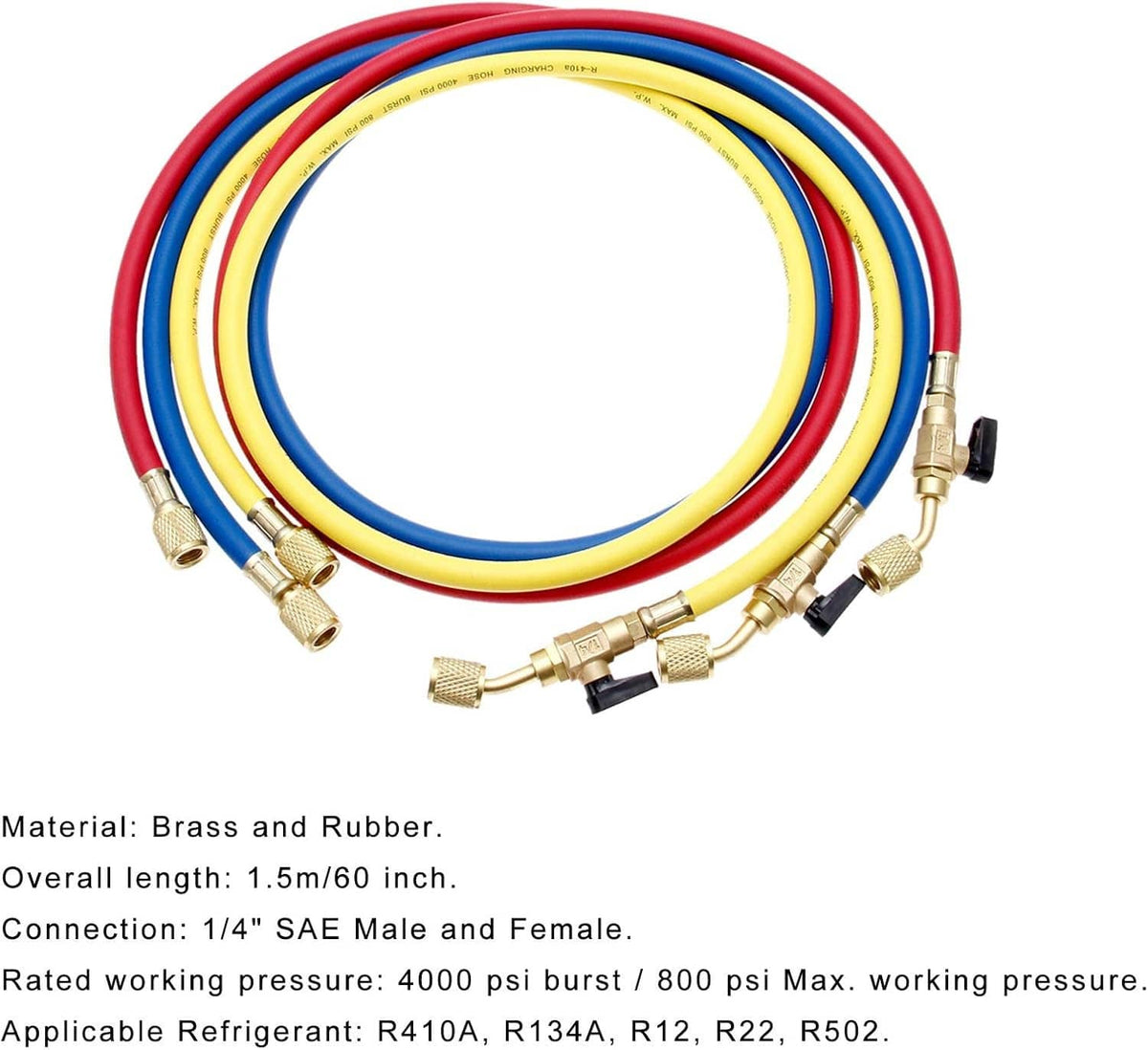 Three-color refrigerant charging hose with brass connectors and ball valve switches