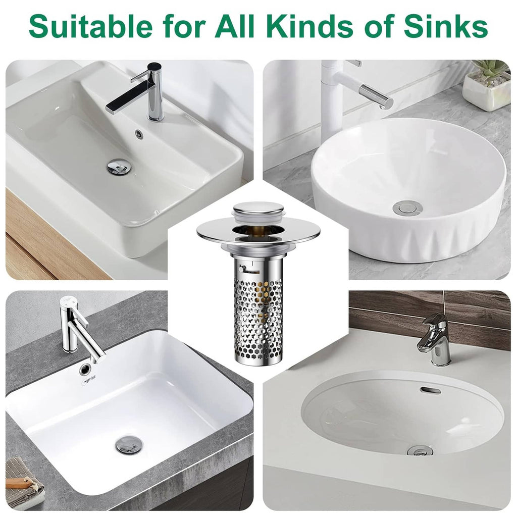 Bathroom sink drain strainer stopper fitting various sink styles with chrome finish