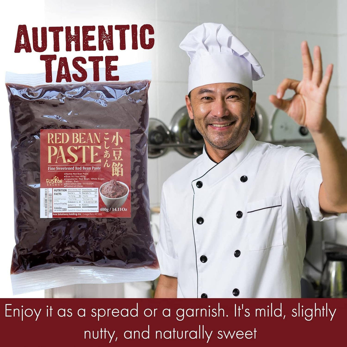 Fine sweetened red bean paste pouch held by chef in white uniform