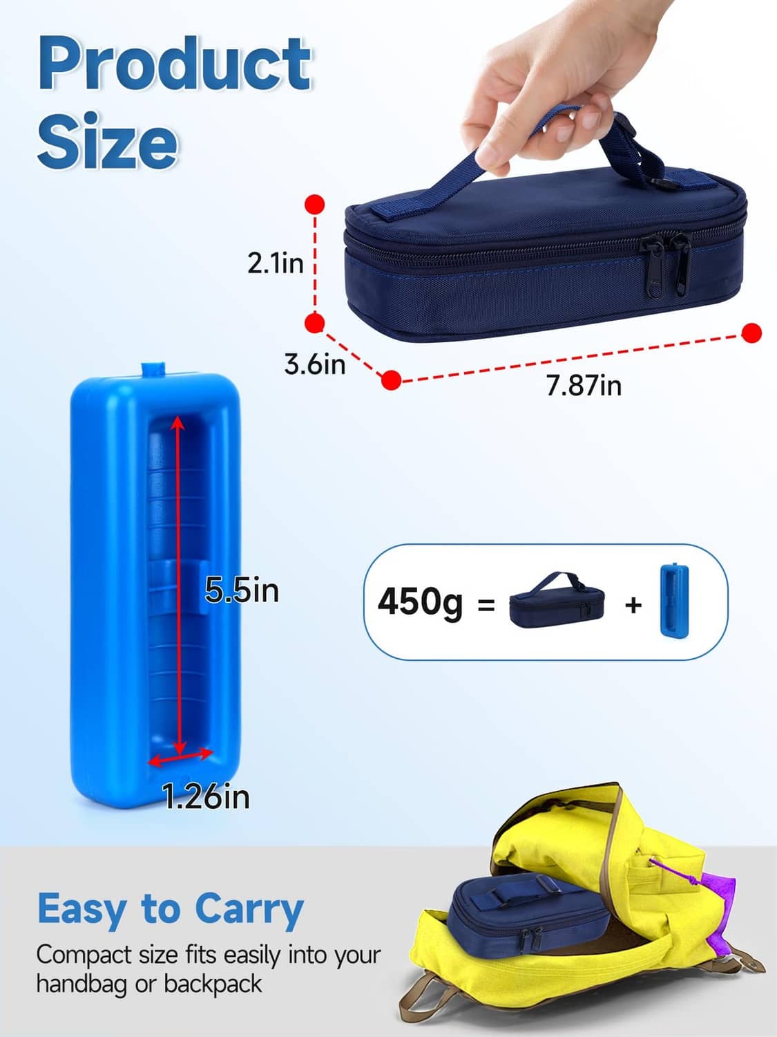 Navy insulin travel cooler case with zip closure; compact size for daily carry