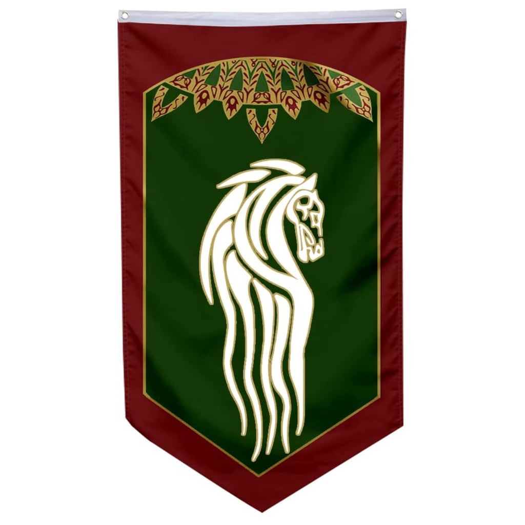 Swallowtail pennant banner with green field, maroon border, and white horse emblem