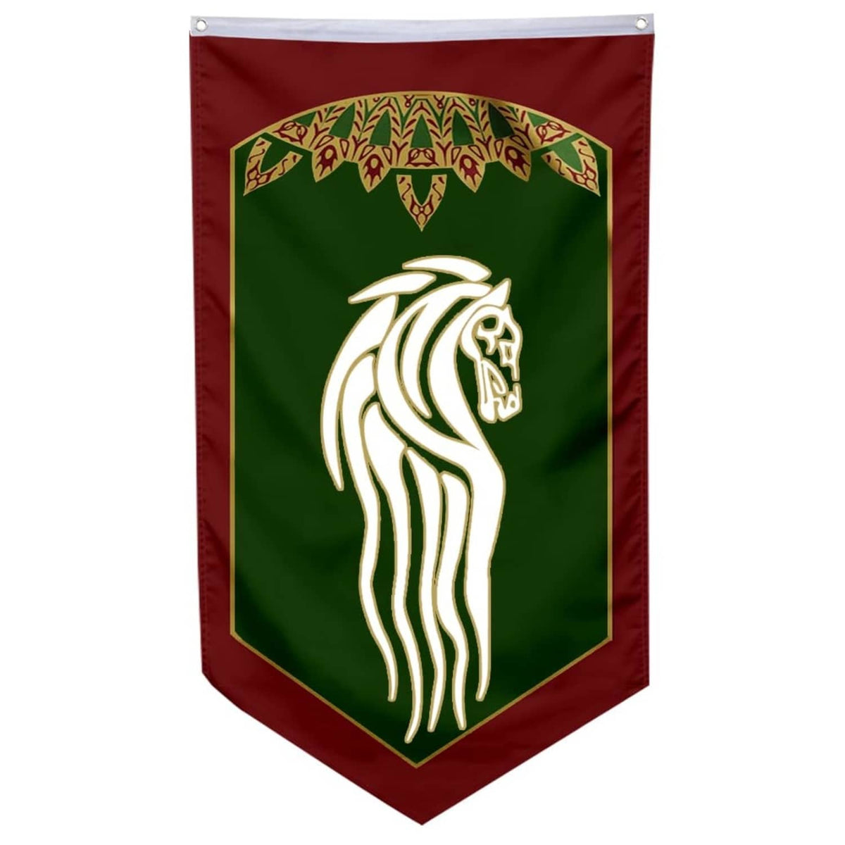 Swallowtail pennant banner with green field, maroon border, and white horse emblem