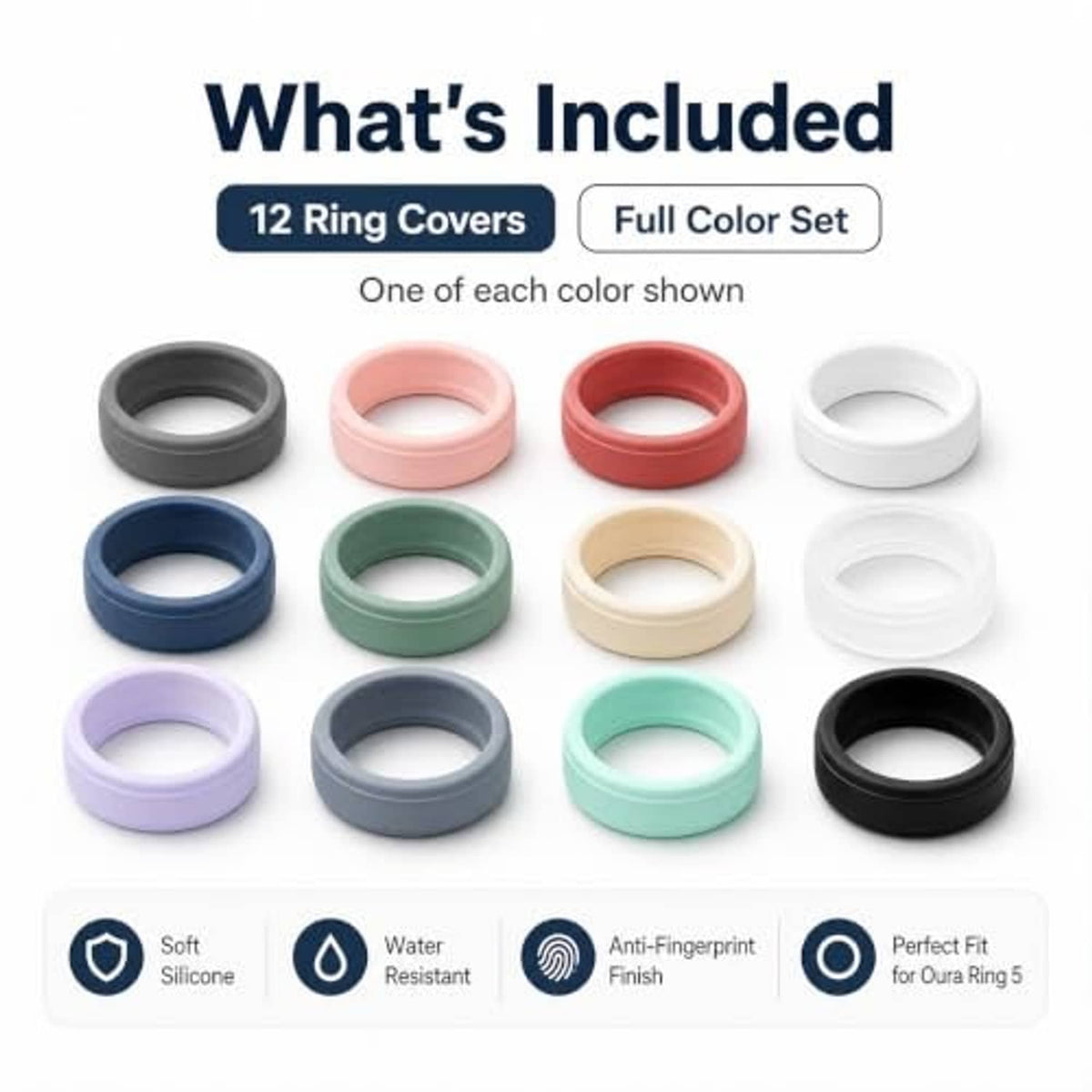 12-pack silicone ring covers set with assorted colored bands and open centers