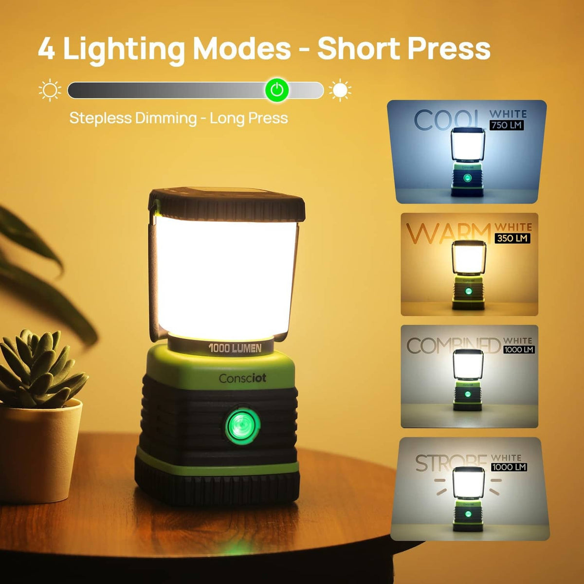 Rechargeable LED camping lantern, light green with bright white glow and front power button