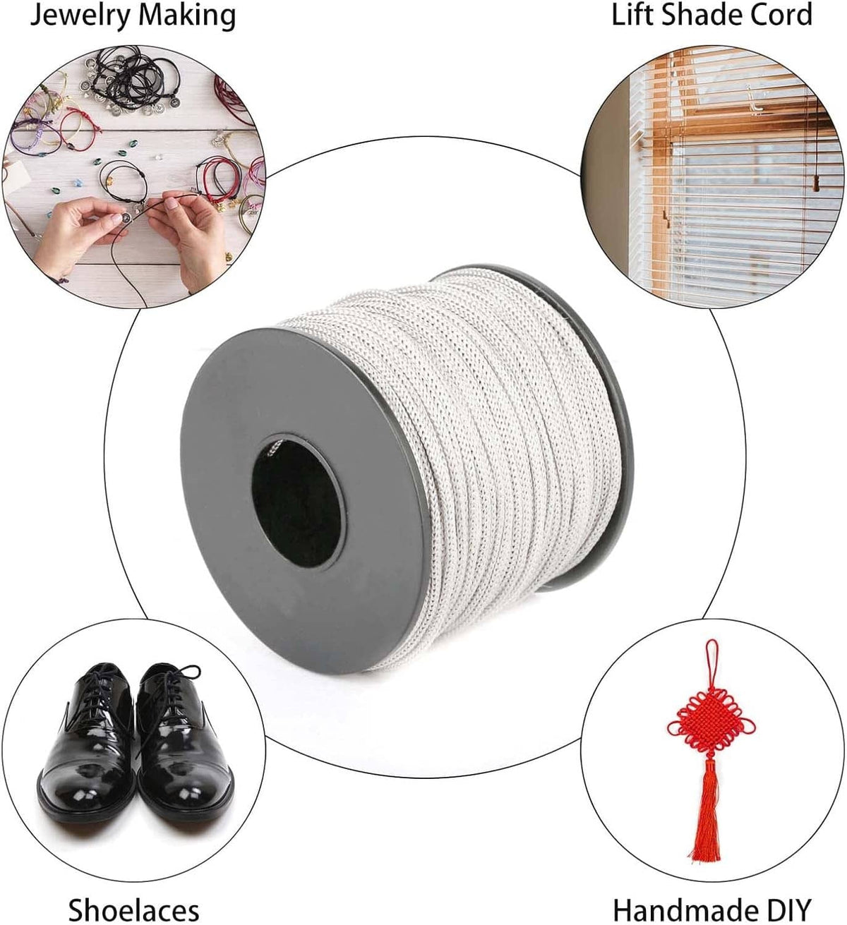 White braided lift shade cord on a spool with loose strands for DIY projects