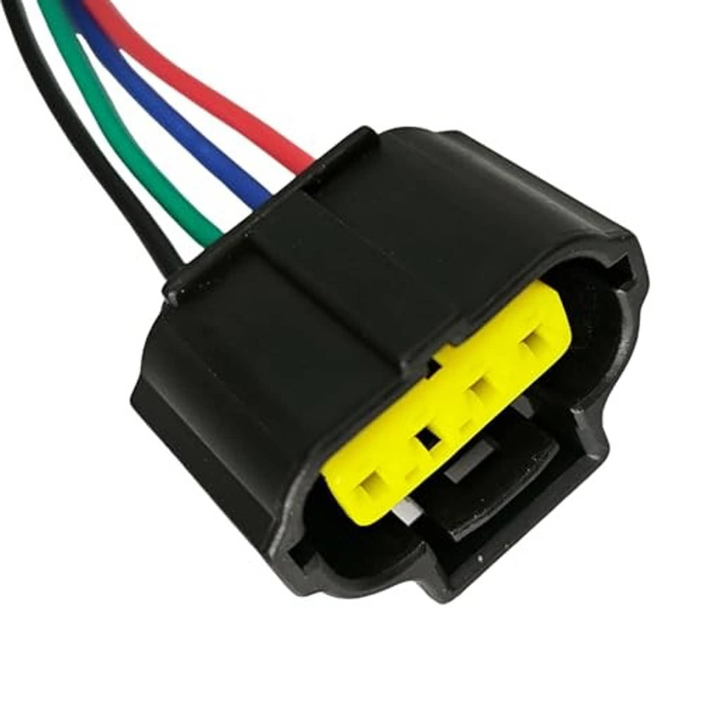 4-way TPS wiring harness pigtail connector with black housing, yellow insert, and colored leads