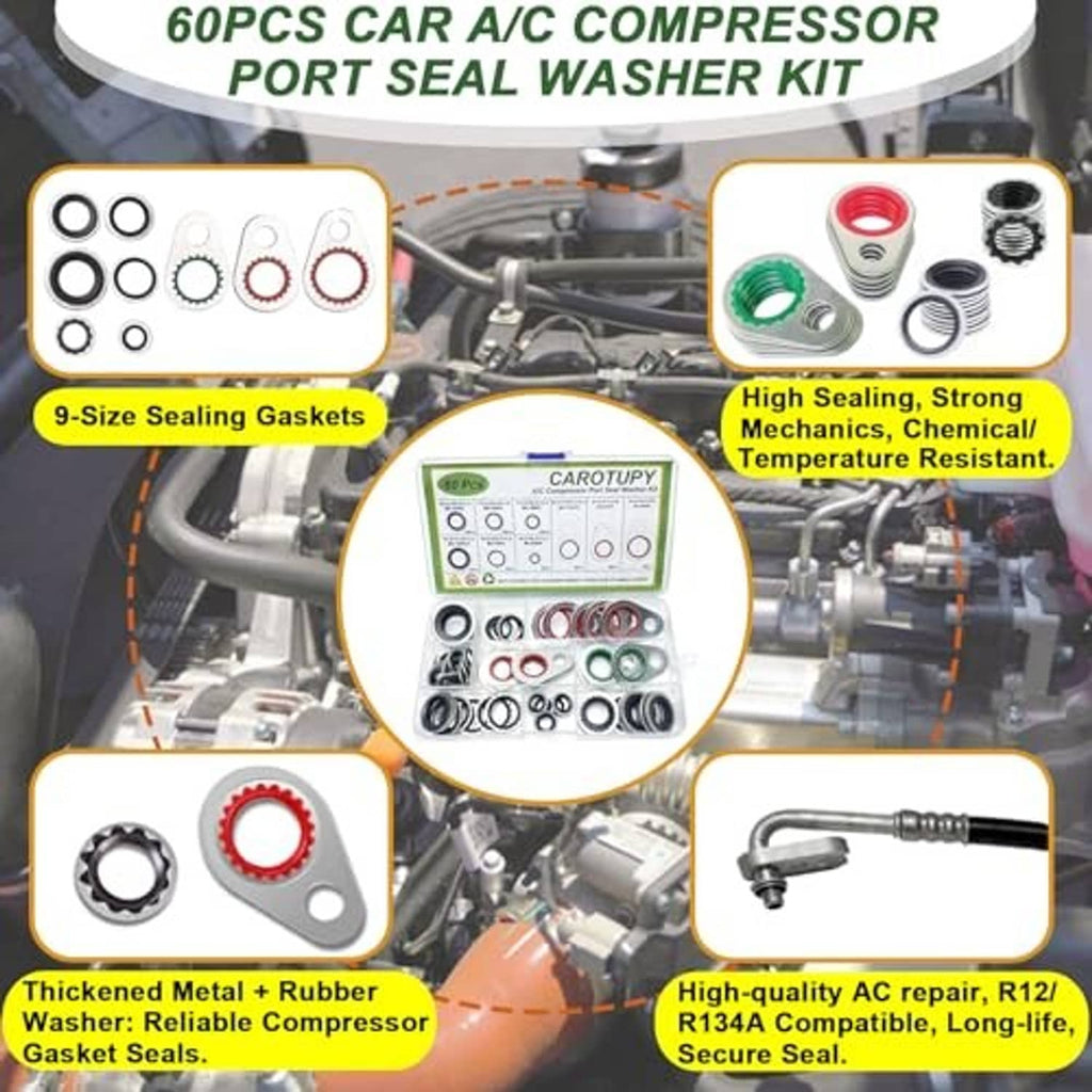 Car A/C compressor port seal washer kit with red gaskets, metal washers, and O-rings