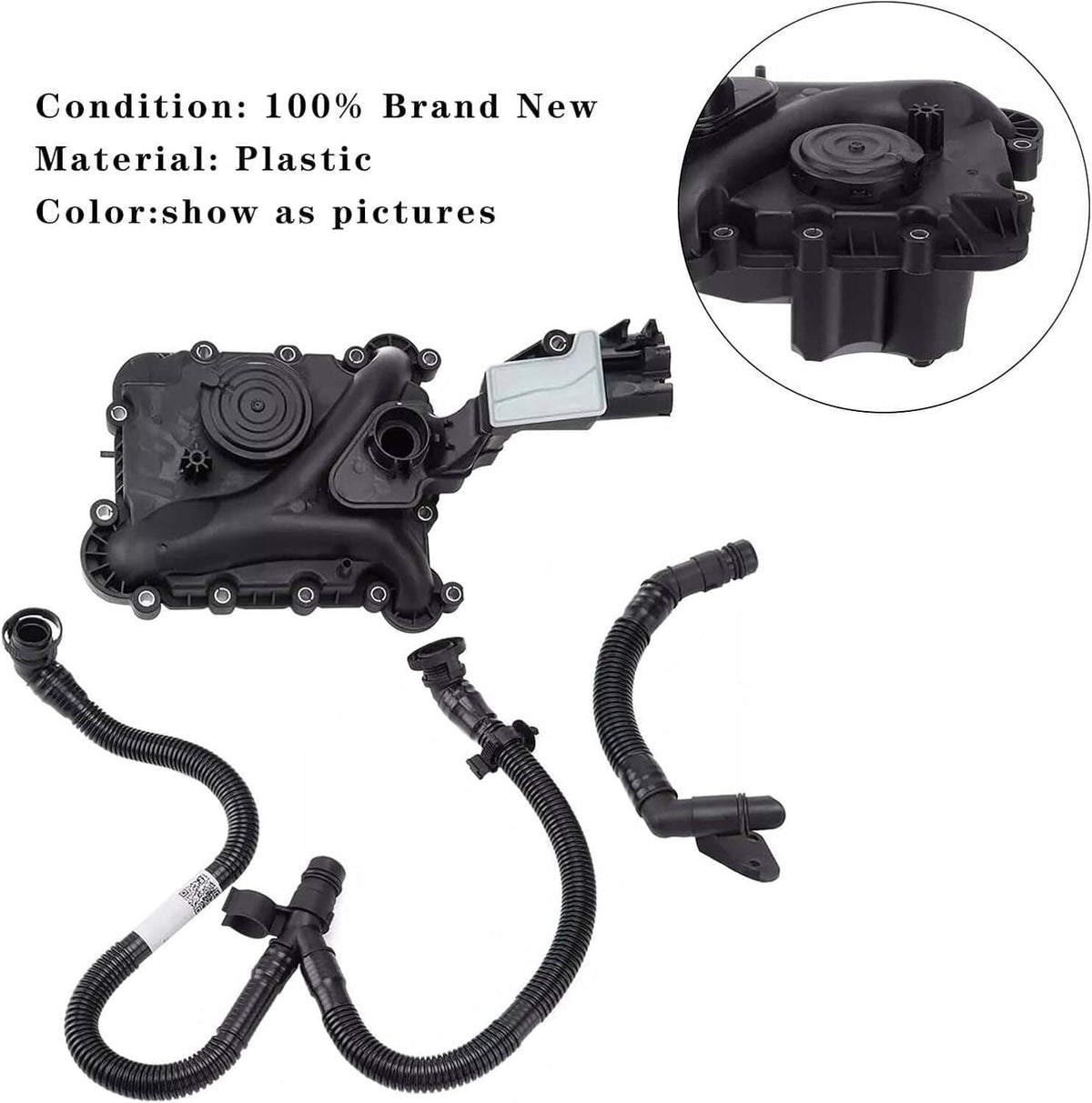 Oil separator PCV valve housing with attached black vacuum hoses and sensor port