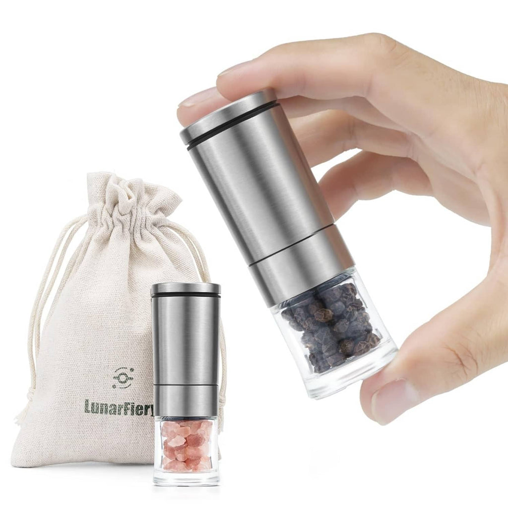 Stainless steel mini salt and pepper grinders with clear chambers and drawstring pouch