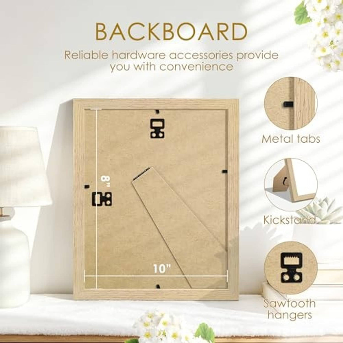 Backboard hardware diagram for a wood picture frame with metal tabs and hangers