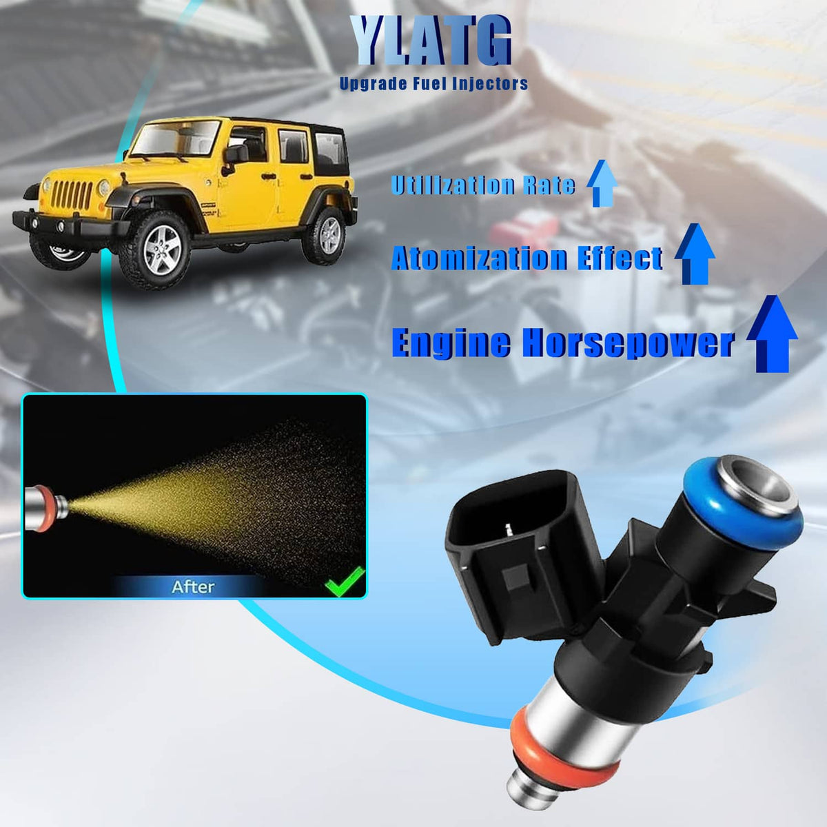 Black fuel injector with blue top and orange seal, shown alongside a spray pattern graphic