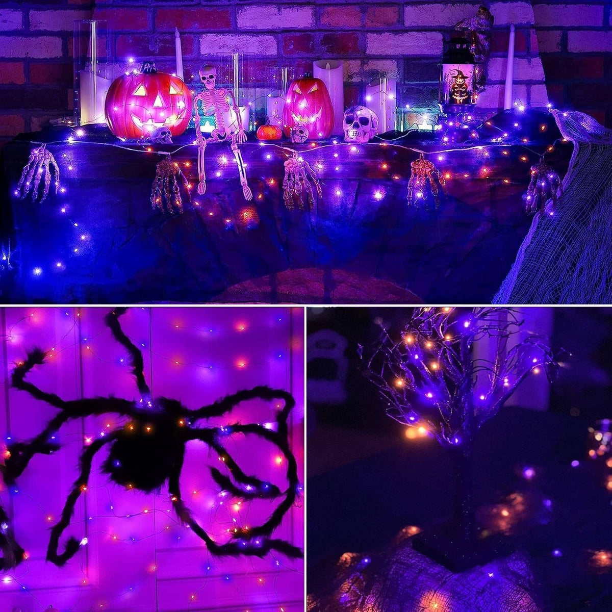 Purple LED solar string lights across a patio with jack-o'-lanterns and skull figures