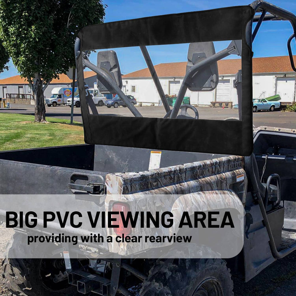 Black UTV soft rear windshield with large clear rear window