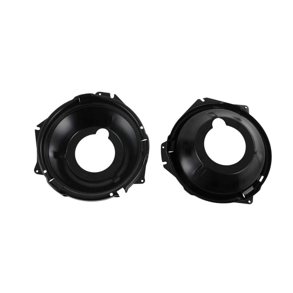 Pair of black headlamp mounting buckets with central headlight opening cutouts