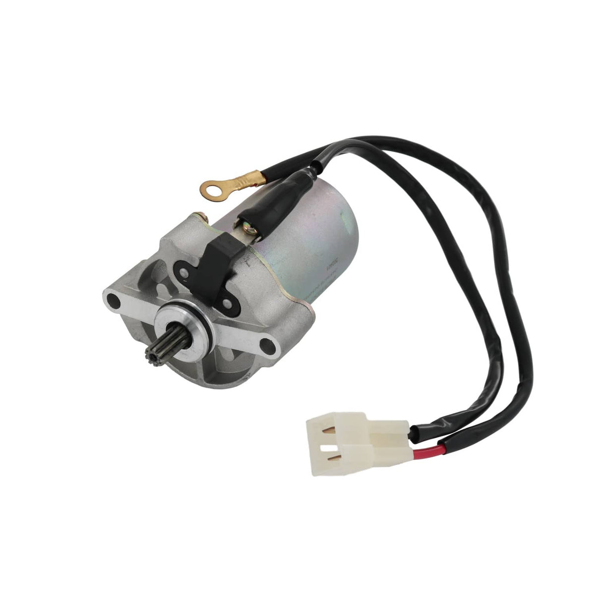 Starter motor with wiring harness, white electrical connector, and ring terminal on cable