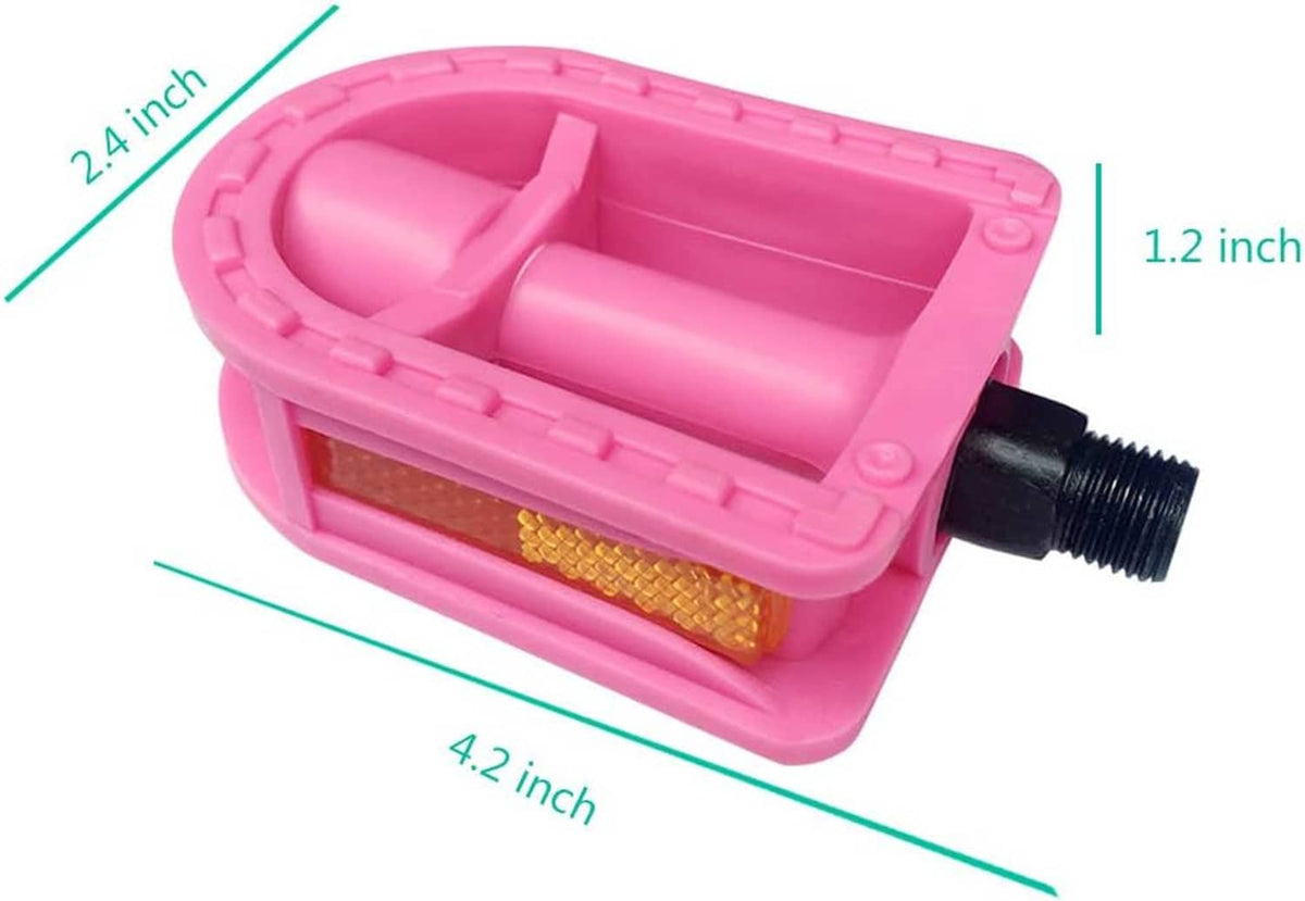 Pink resin kids bike pedal with amber reflector strip and black threaded spindle