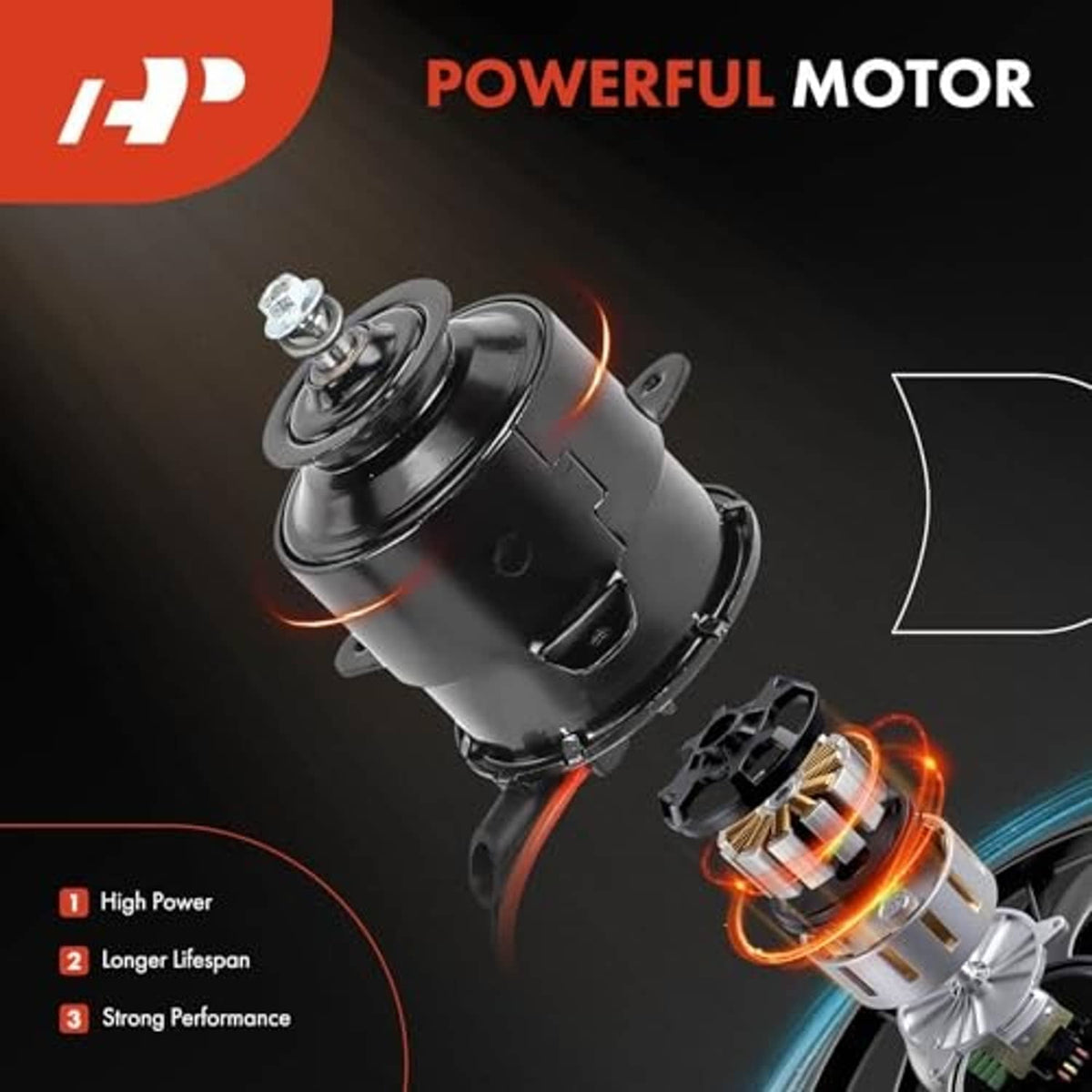 Radiator fan motor with angled black housing and visible wiring terminals