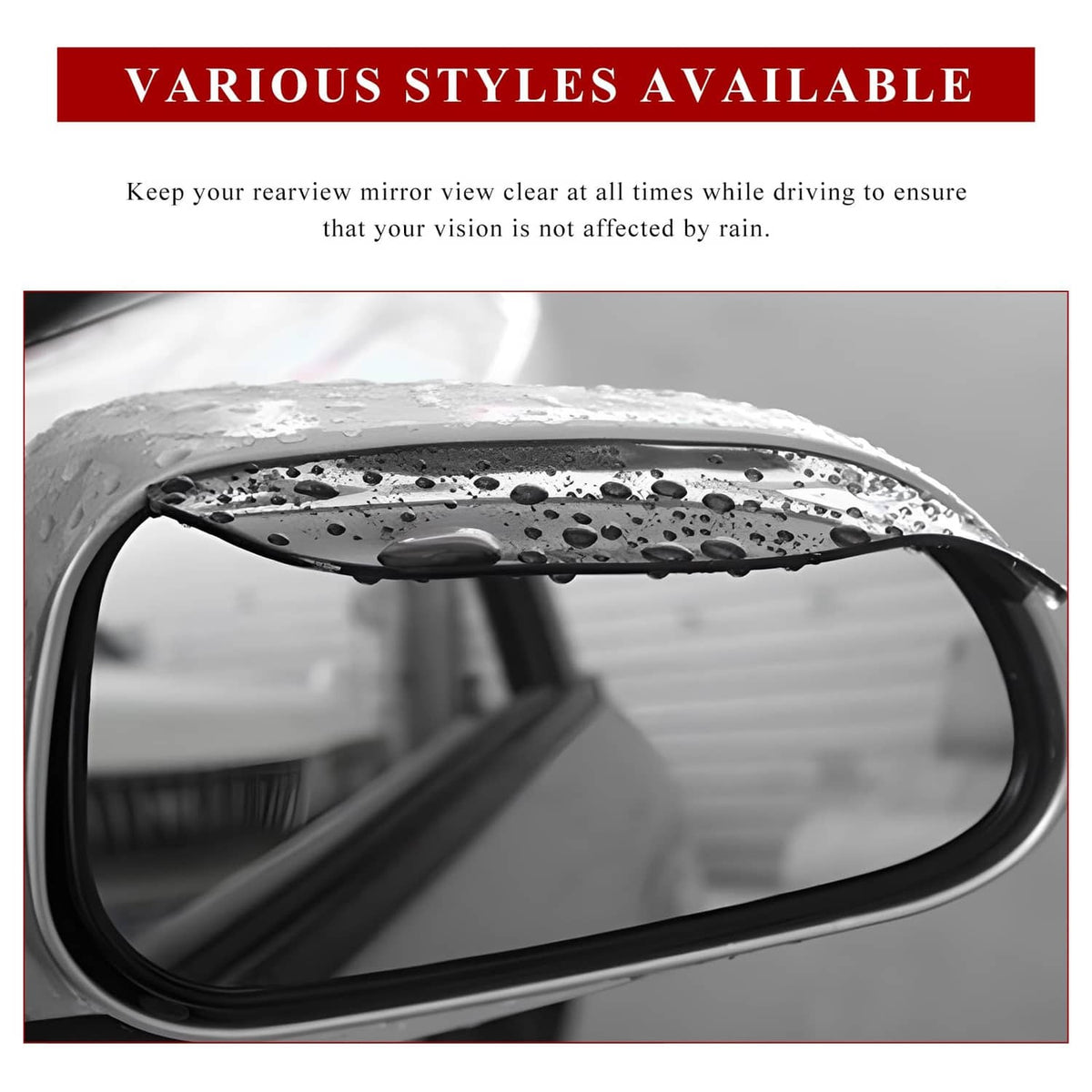 Black mirror rain visor eyebrow trim with water droplets on a side-view mirror.