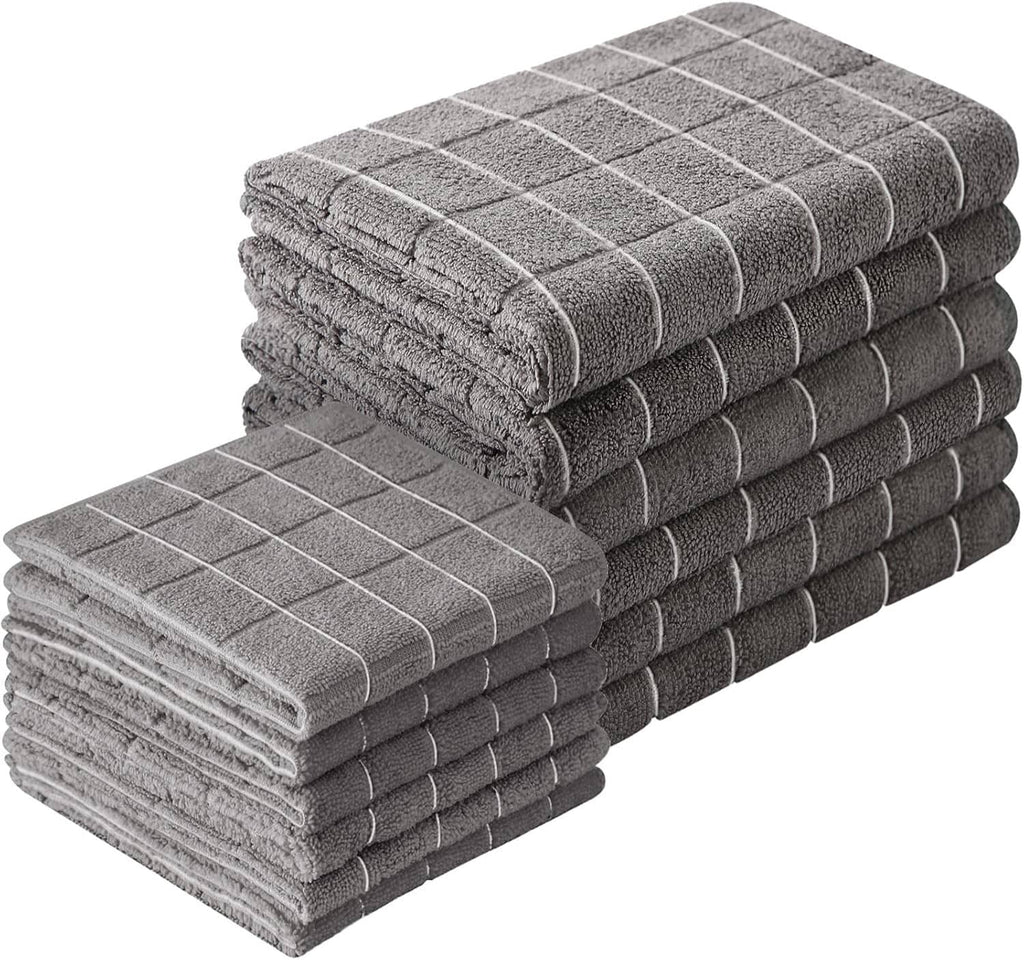 Grey microfiber kitchen towels and dishcloths set, folded stack with textured grid weave.
