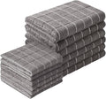 Grey microfiber kitchen towels and dishcloths set, folded stack with textured grid weave.