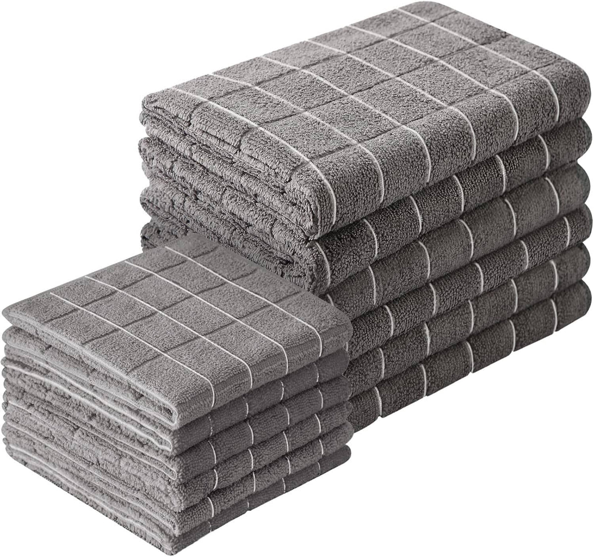 Grey microfiber kitchen towels and dishcloths set, folded stack with textured grid weave.