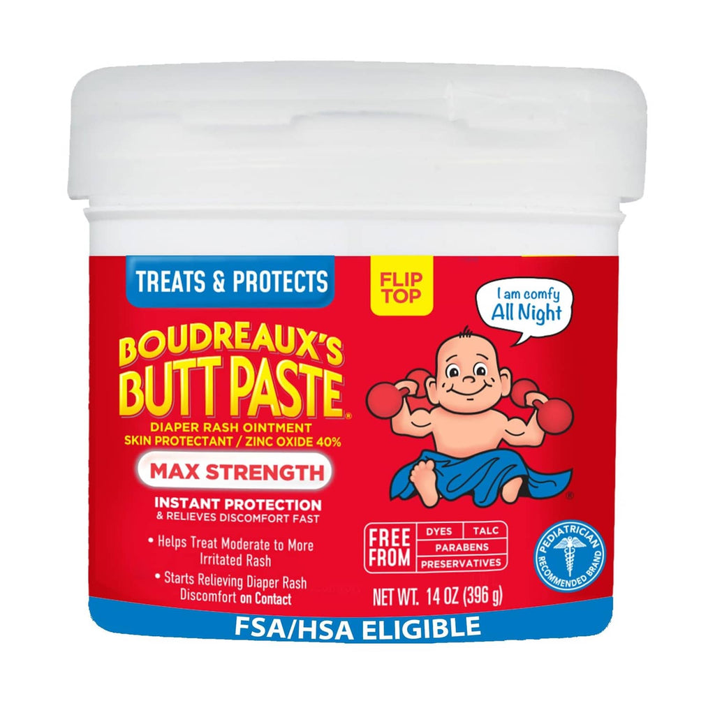 Diaper rash cream jar with red Max Strength label and flip-top lid