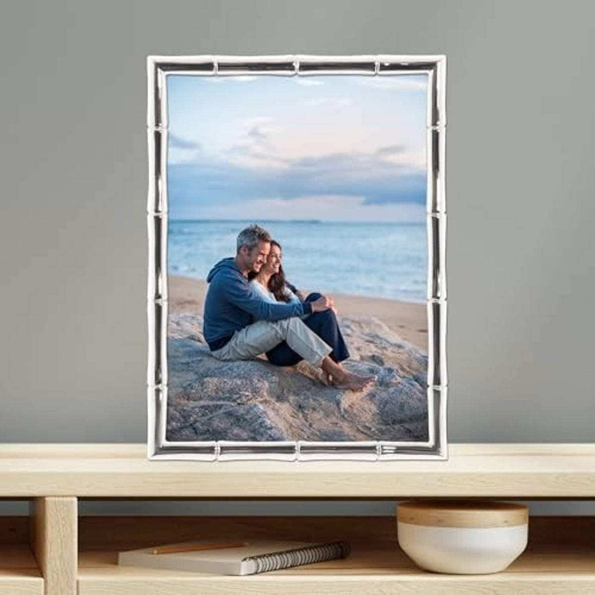 Silver bamboo-style metal 5x7 picture frame displaying a beach photo