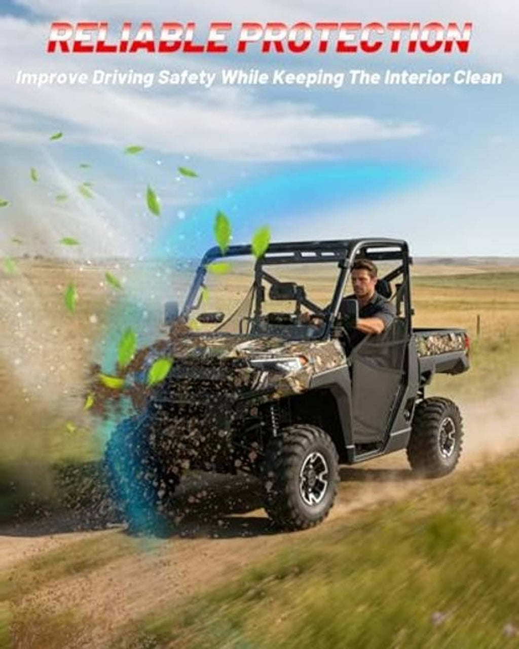 Windshield panel helping protect the UTV interior from debris on outdoor trails