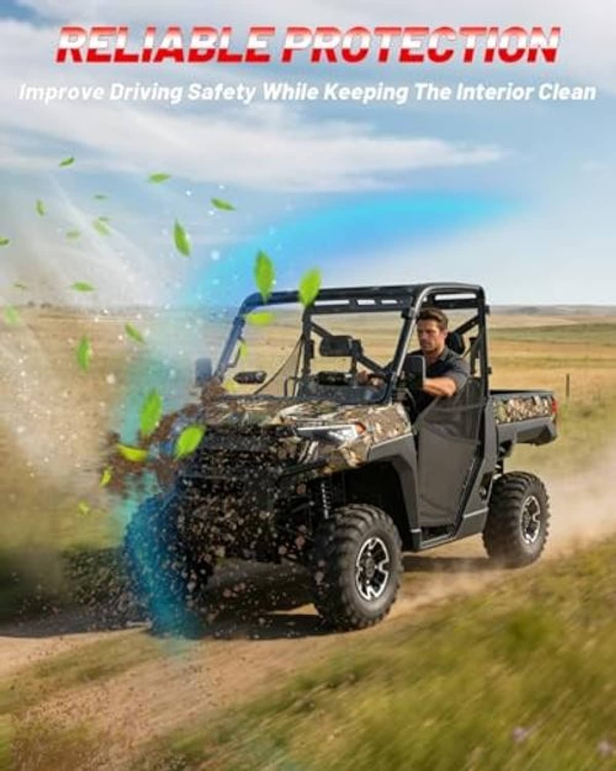 Windshield panel helping protect the UTV interior from debris on outdoor trails