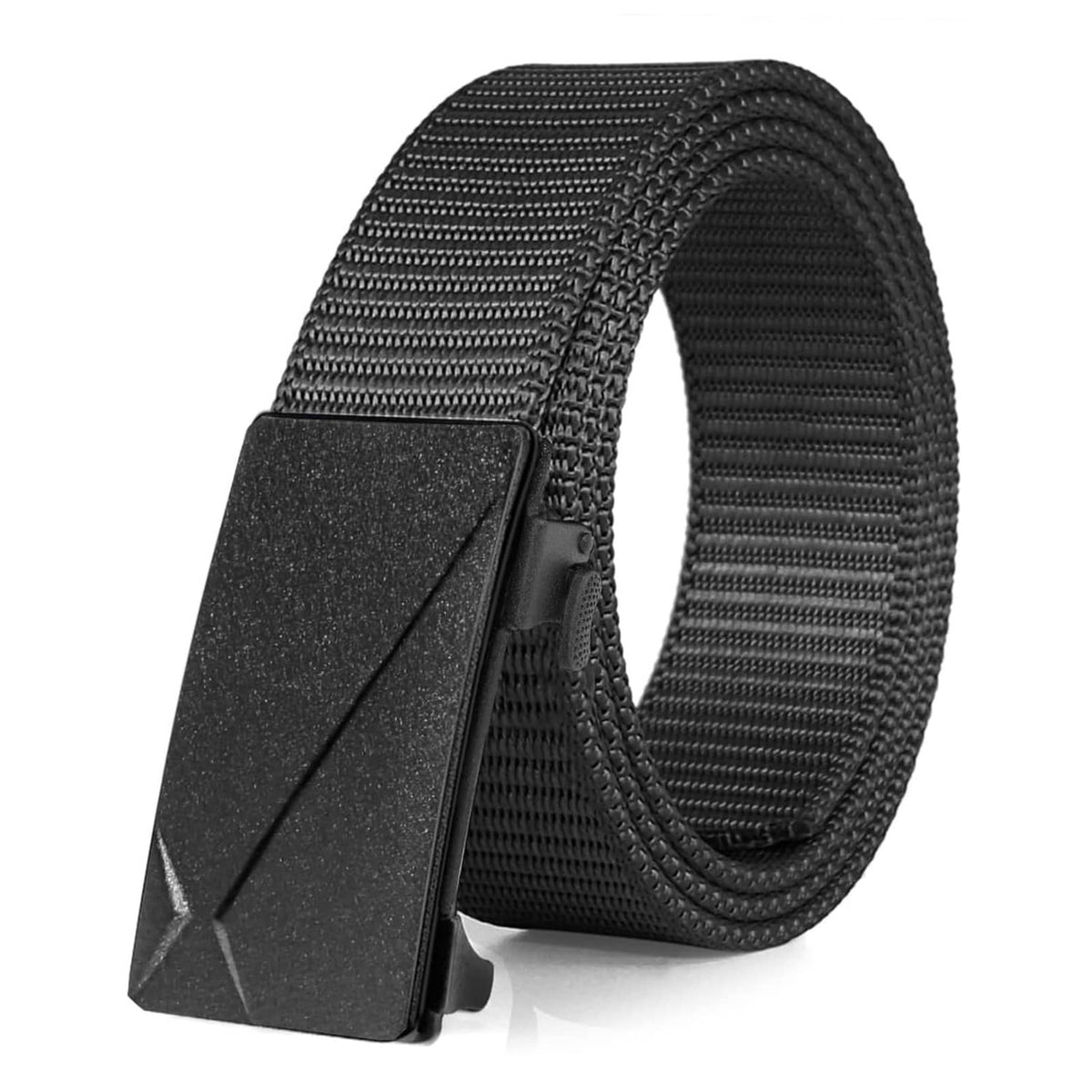 Men's nylon ratchet belt with dark frosted buckle, textured woven strap
