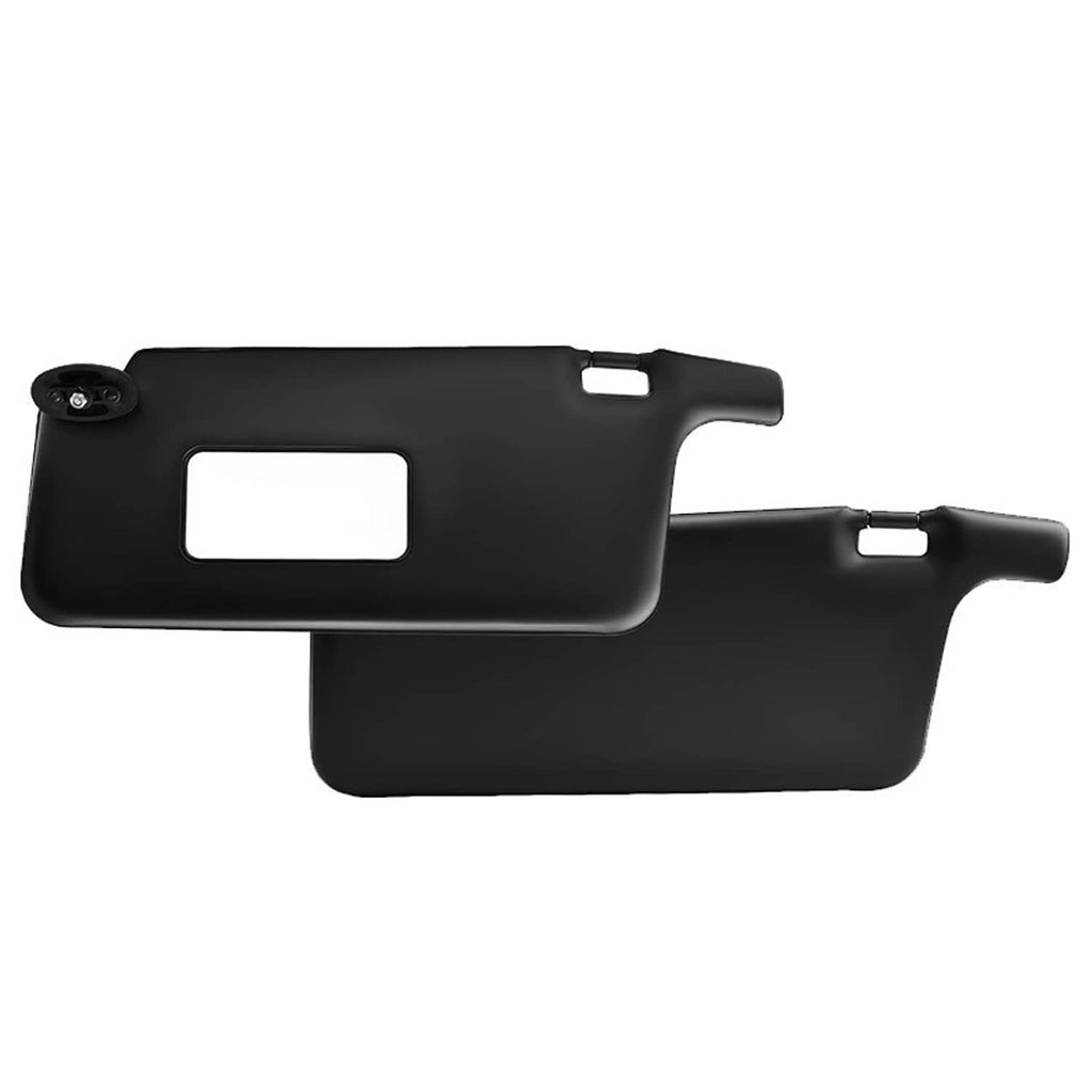 Black sun visor set, driver and passenger sides with mounting clips and cutout windows