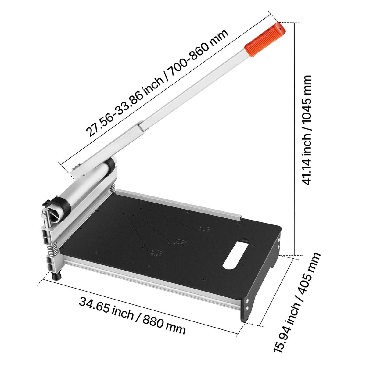 Floor cutter dimensions view: long guide bar with orange grip and black workbed