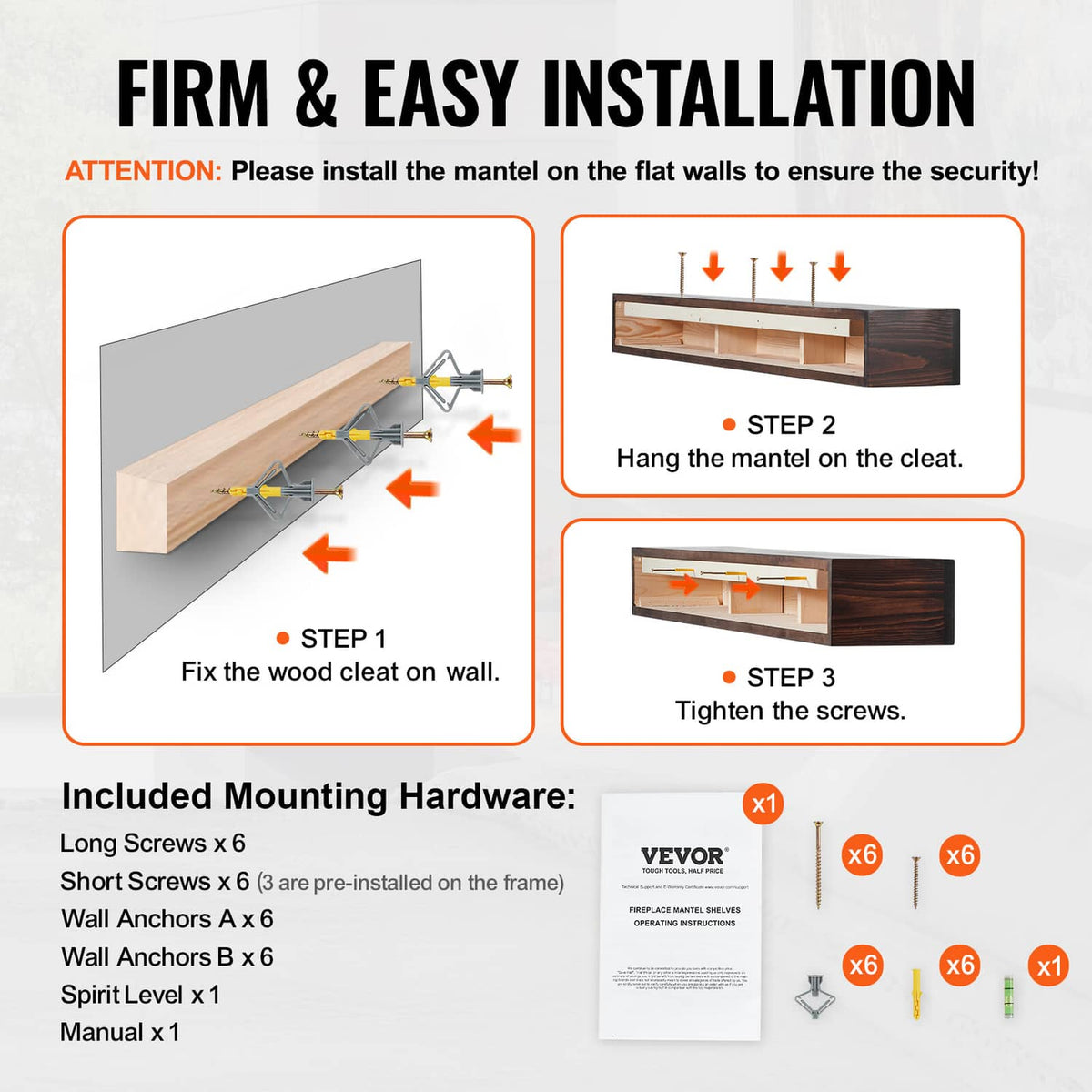 Rustic dark brown wood mantel shelf showing mounting steps and included hardware layout