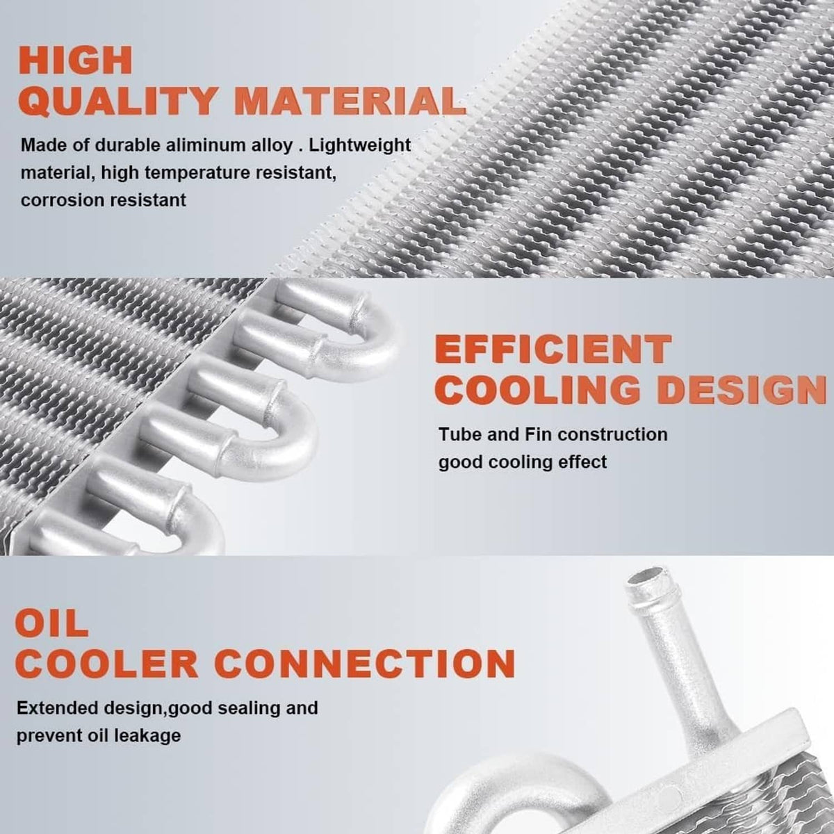 Aluminum oil cooler radiator with finned tubing and inlet outlet connection fittings